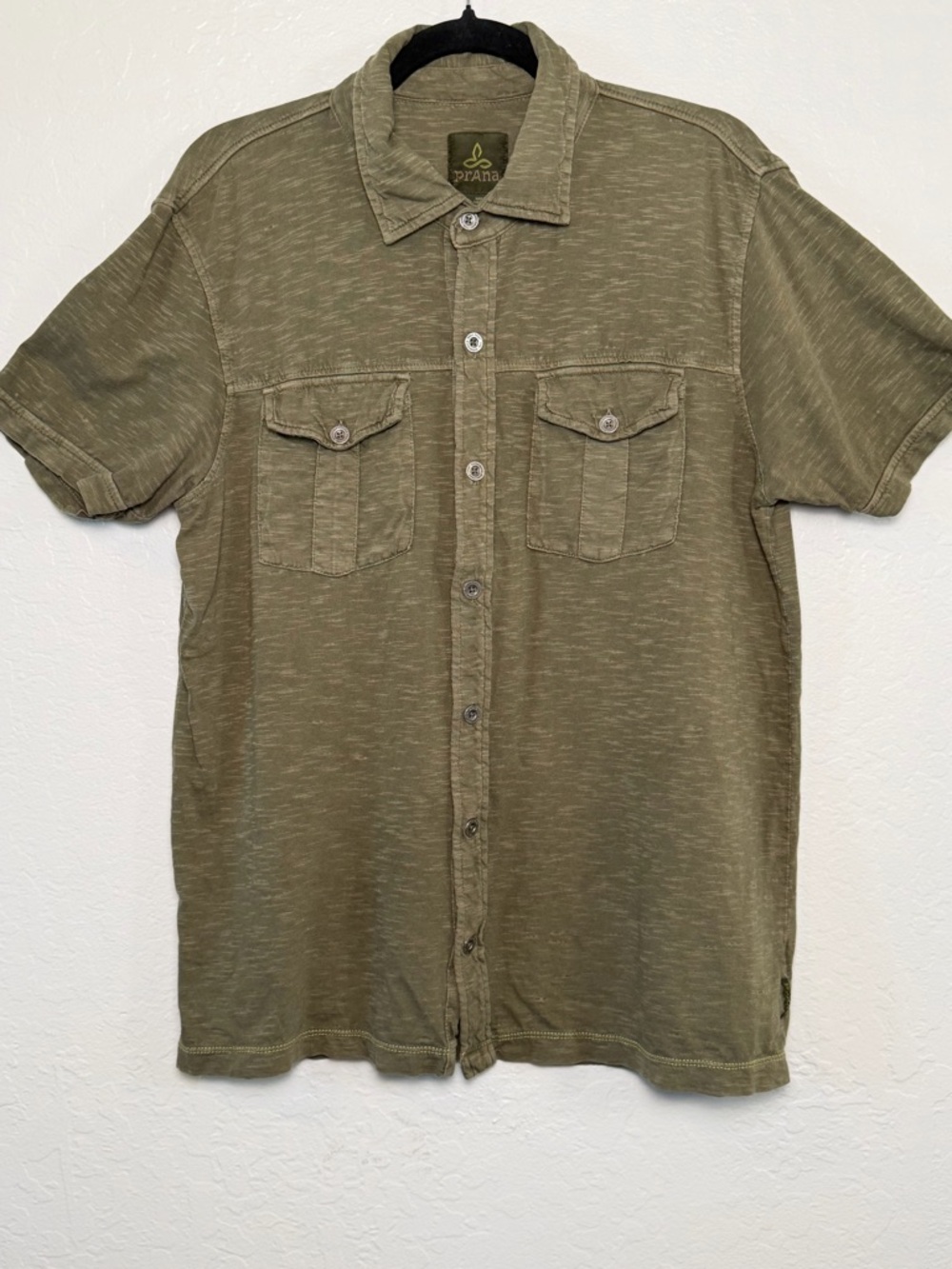 PrAna Olive Green Organic Cotton Short Sleeve Knit Button Down Men's Size M - Picture 3 of 13